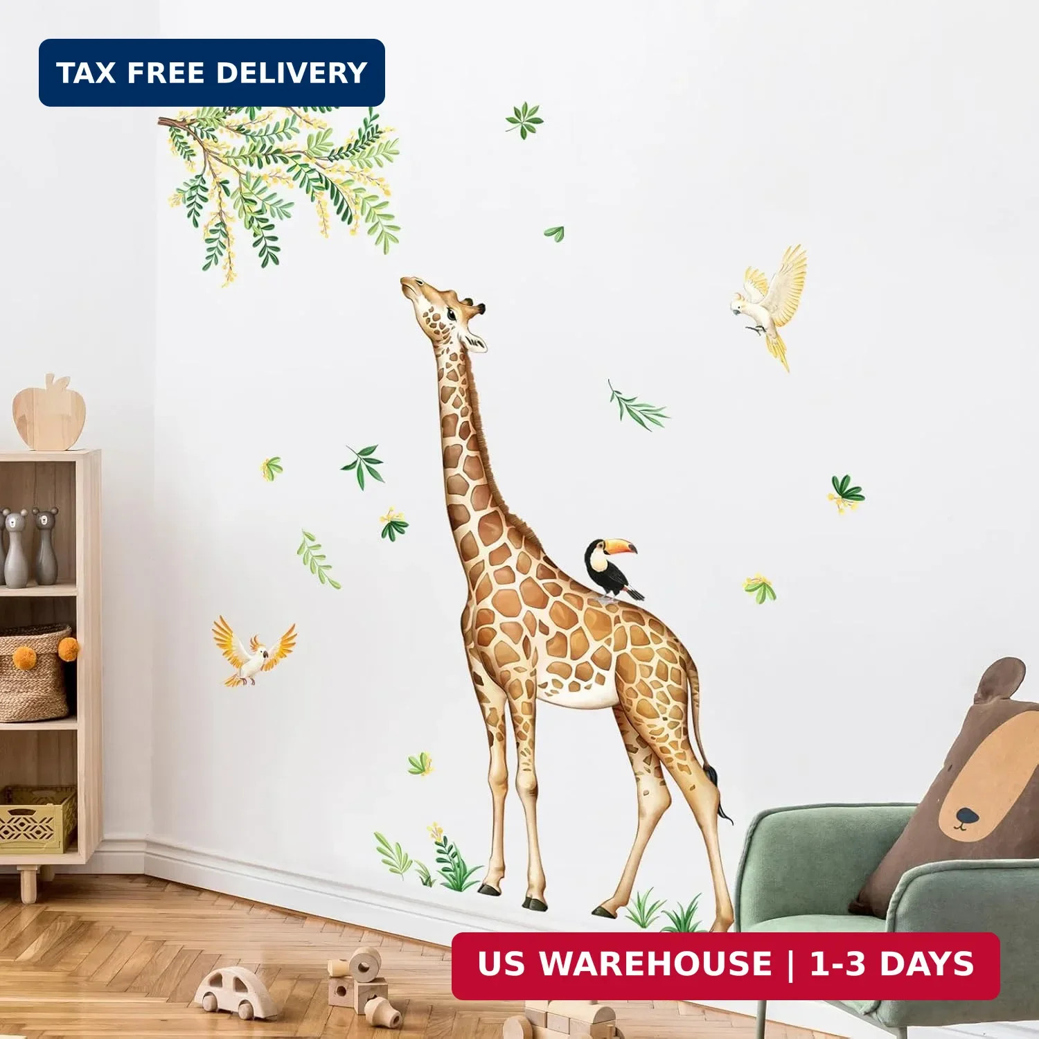 Tanlaby Large Giraffe Wall Decals Jungle Animal Wall Stickers Leopard Deer Safar