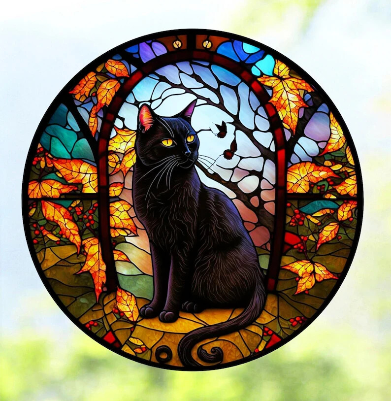 Black Cat Faux Stained-Glass WINDOW CLING Sun-catcher Size 8″ Round
