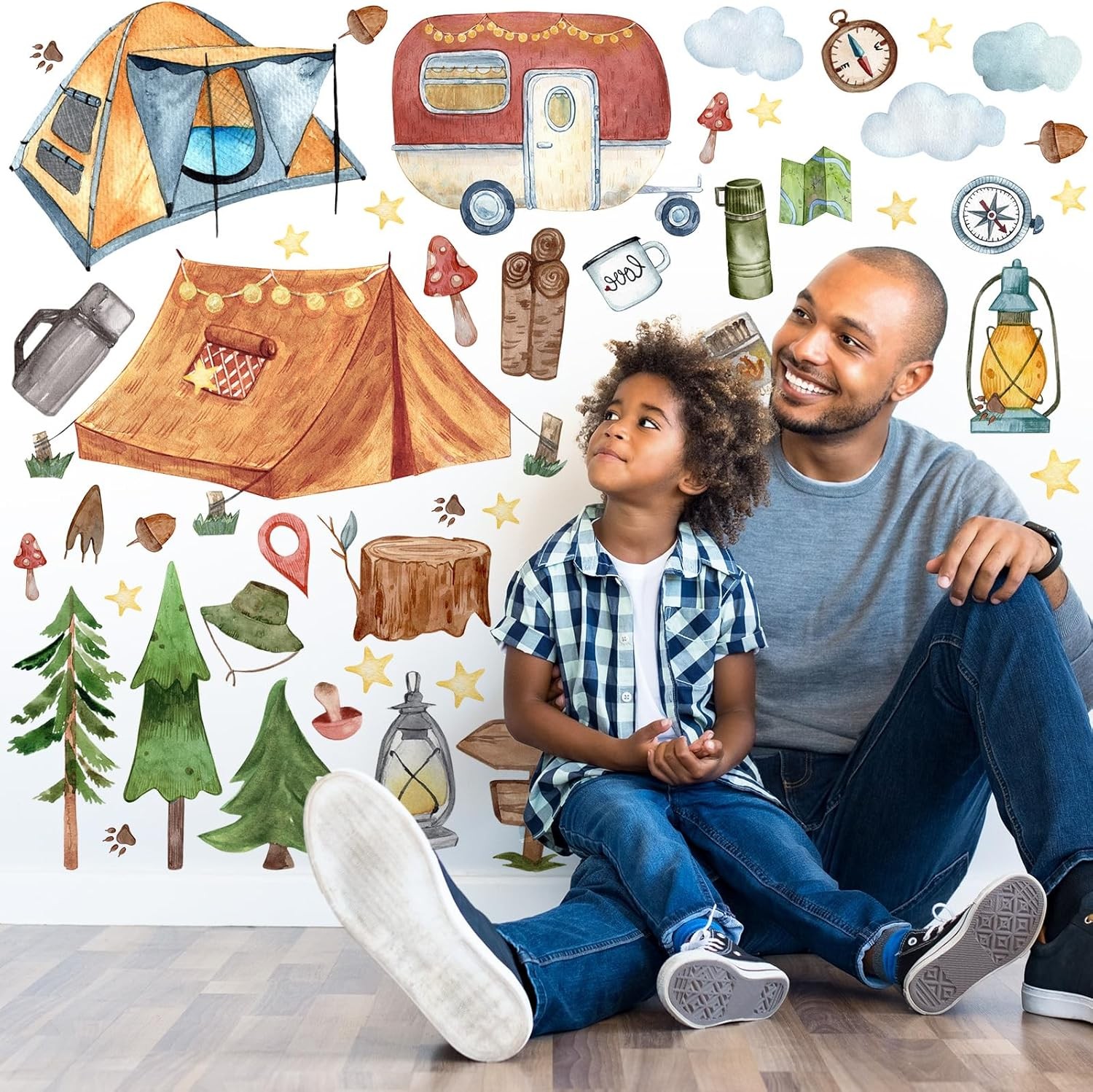 2 Sheet 64 Pcs Camping Wall Decals Stickers Adventure Theme As Picture Shown