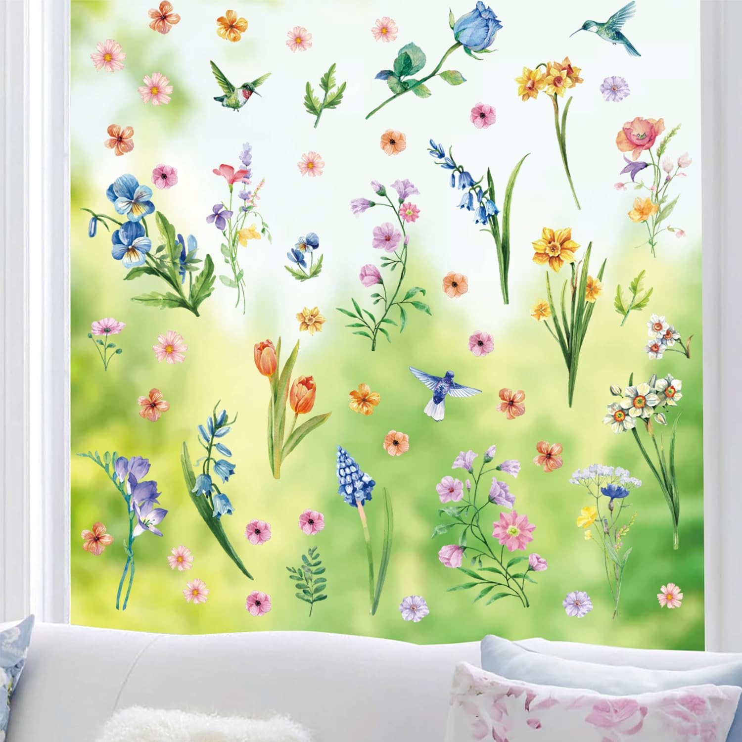 Aryroi Spring Flower Window Sticker Floral Decals Green 12.2×1.3 inch
