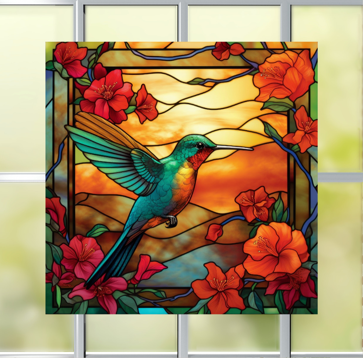Hummingbird Faux Stained Glass WINDOW CLING Size 8″ Vinyl Window Decoration