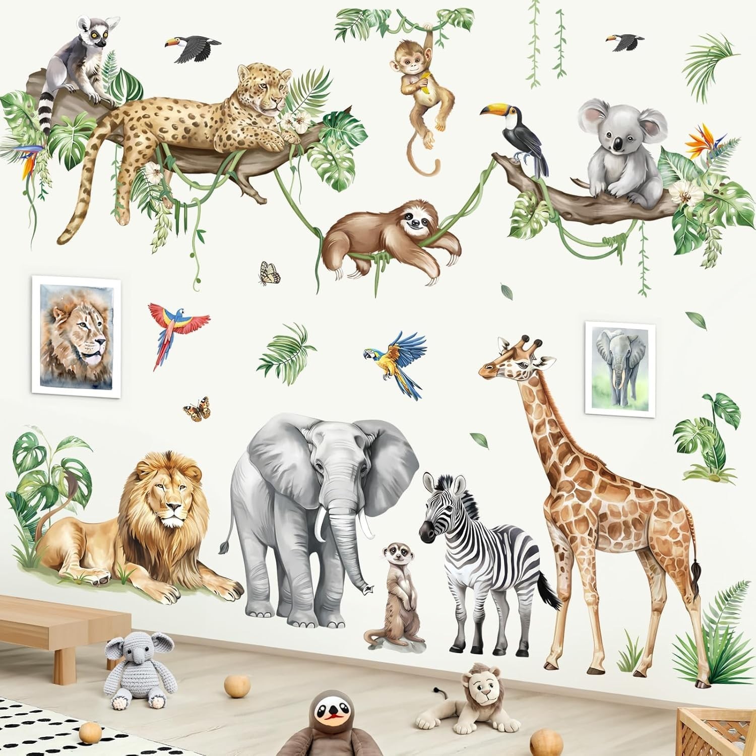 Large Jungle Animals Tree Branch Wall Stickers Safari Elephant Giraffe Leopar…