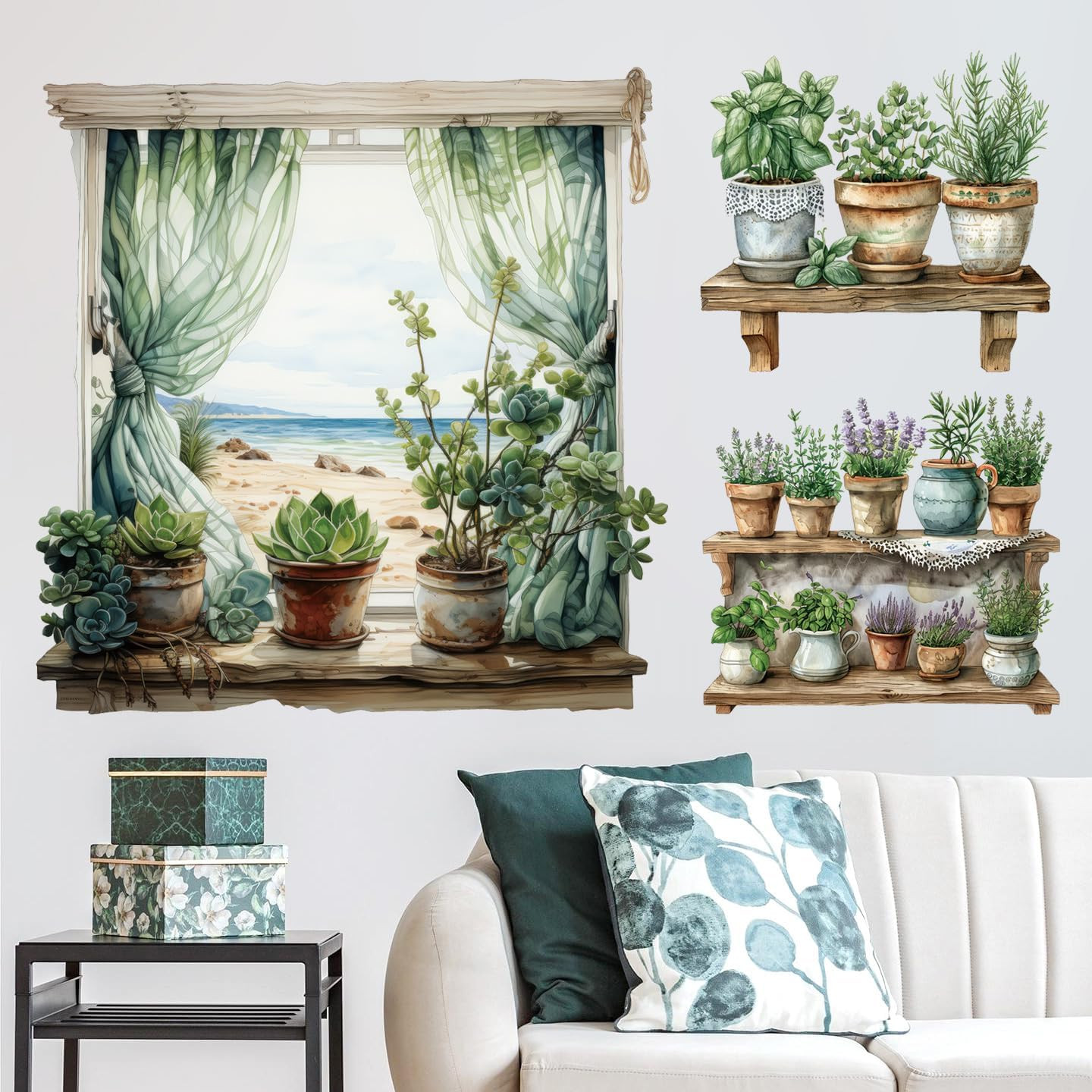 3D Potted Plant Fake Windows Wall Decals Green Plants Succulent Wall Stickers