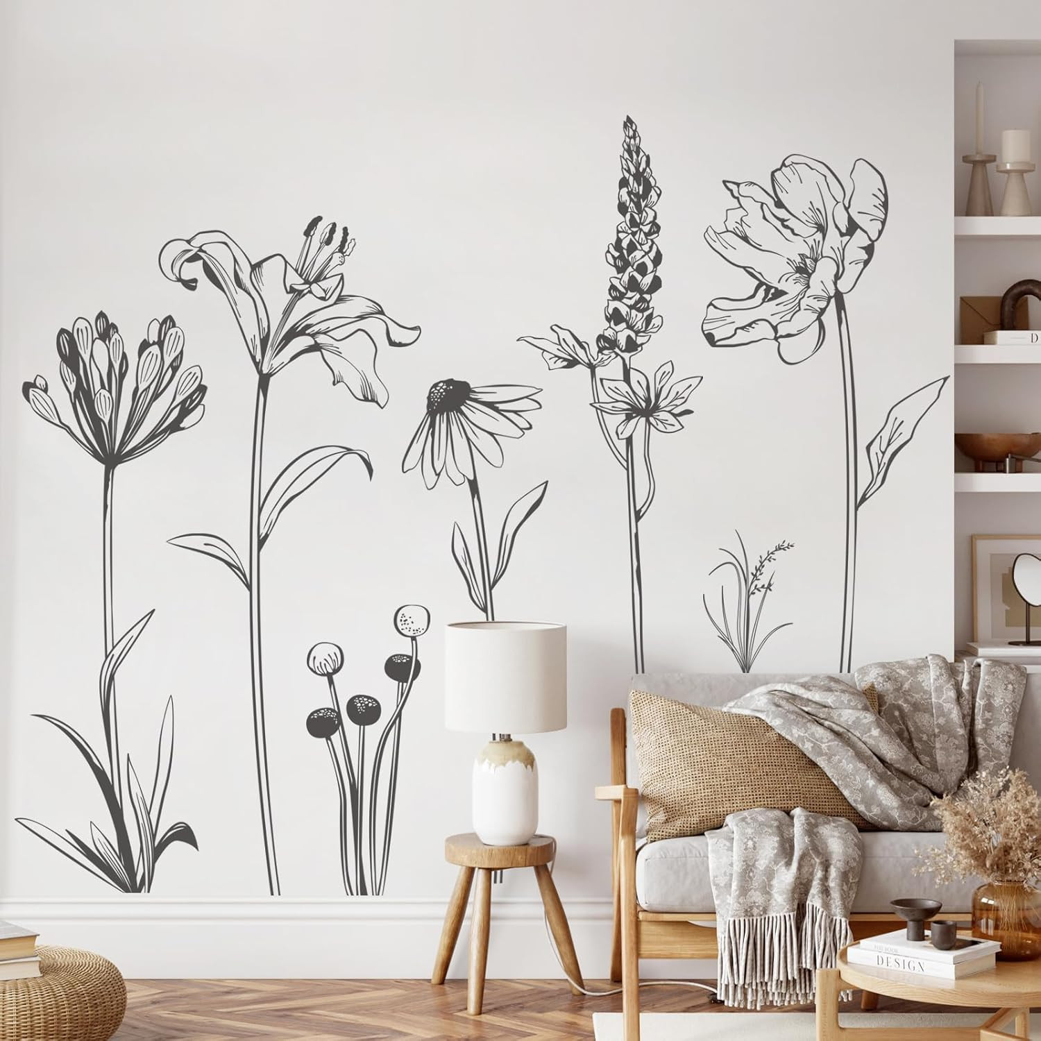 Large Boho Black Flower Wall Decals Simple Sketch Wildflower Floral Wall