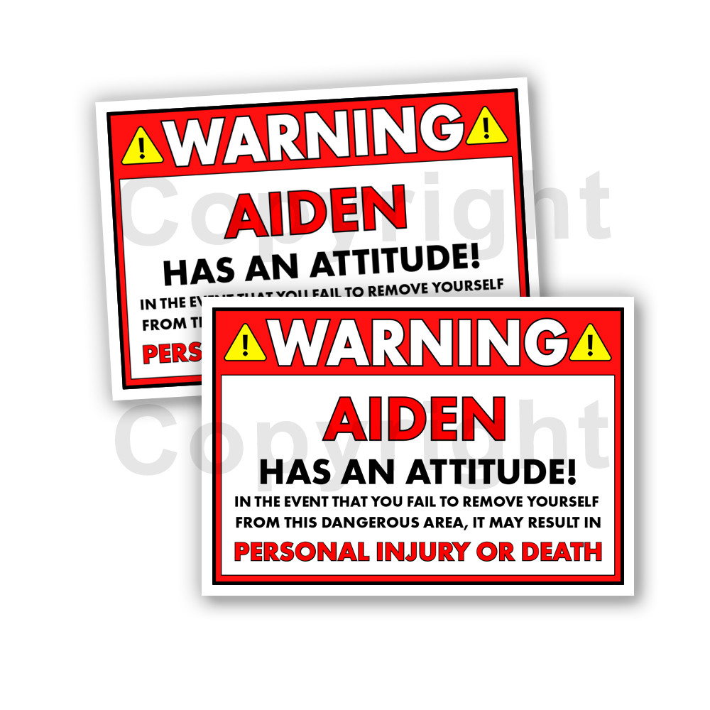 AIDEN HAS AN ATTITUDE 2 Funny Warning Stickers 5inch wide orange Set of 2