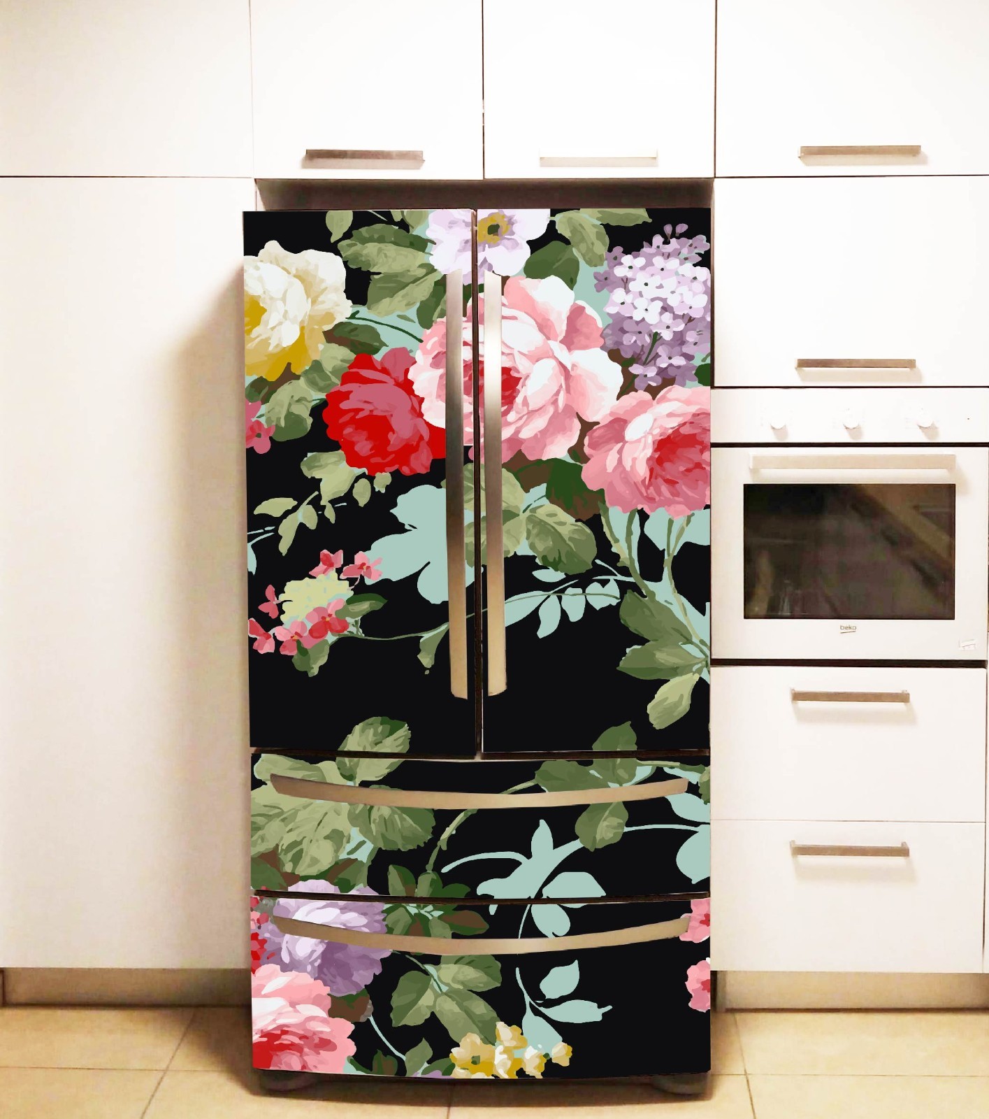Floral Pattern Fridge Vinyl Wrap Refrigerator Decal Modern Kitchen