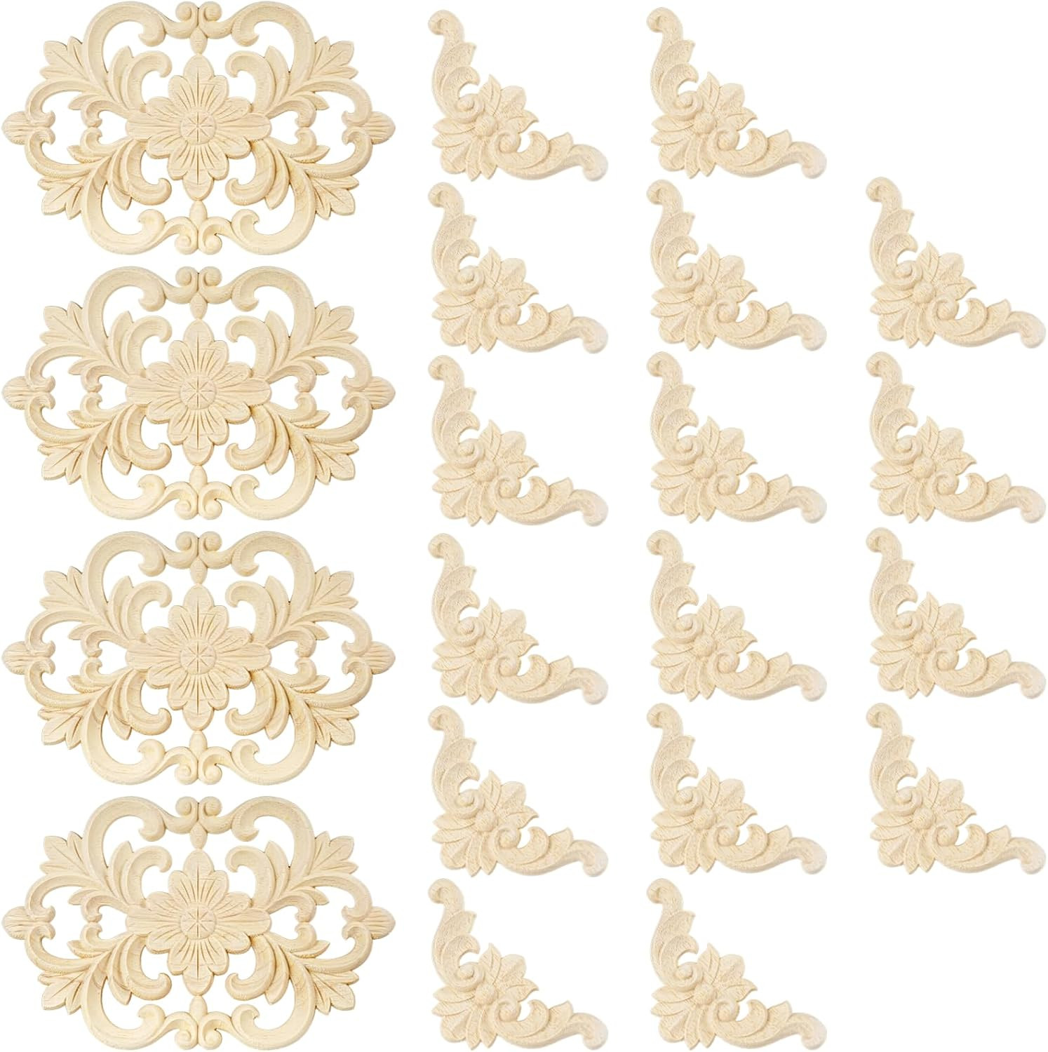 20 Pcs Wood Carved Appliques Onlays, Decorative Flower Decals for Furniture Door