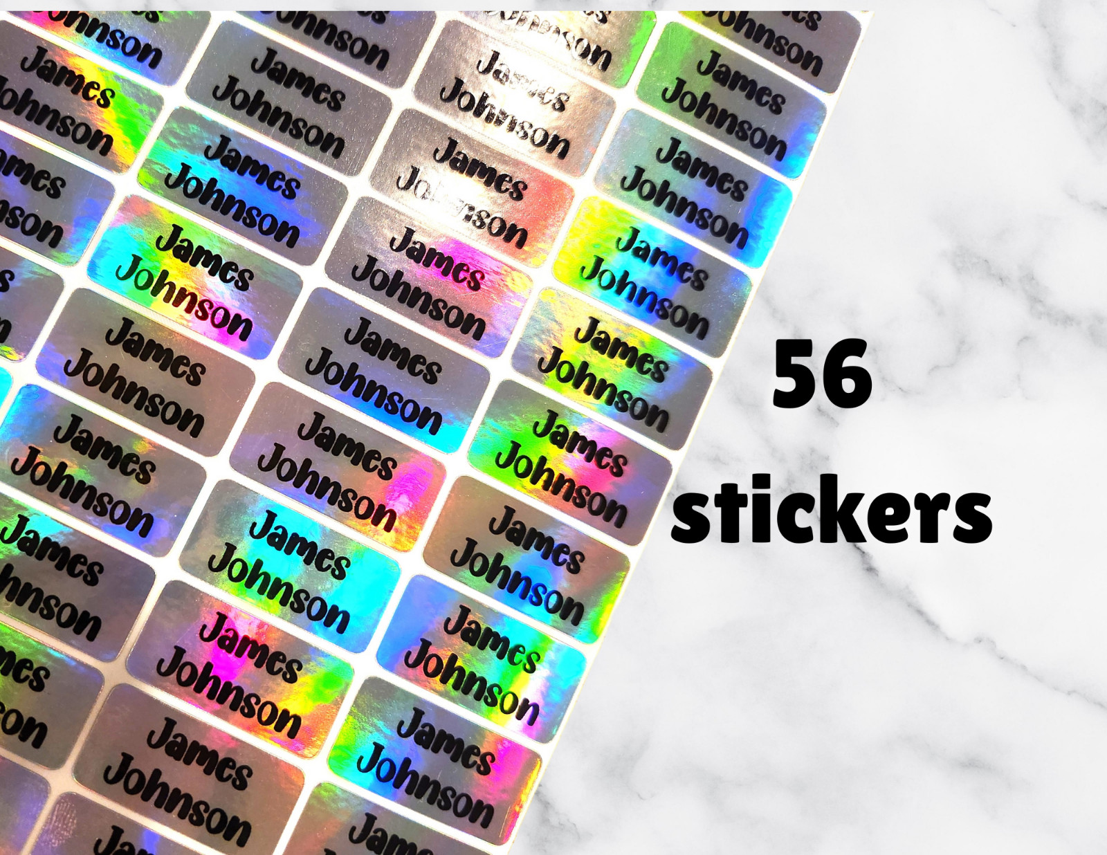 Custom Name Holographic Sticker Sheets – 56 Personalized Labels Per Sheet