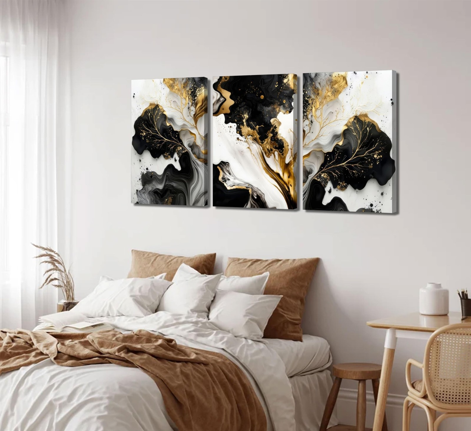 3Pcs Abstract Marble Canvas Wall Art Picture Black White Gold Texture Poster …