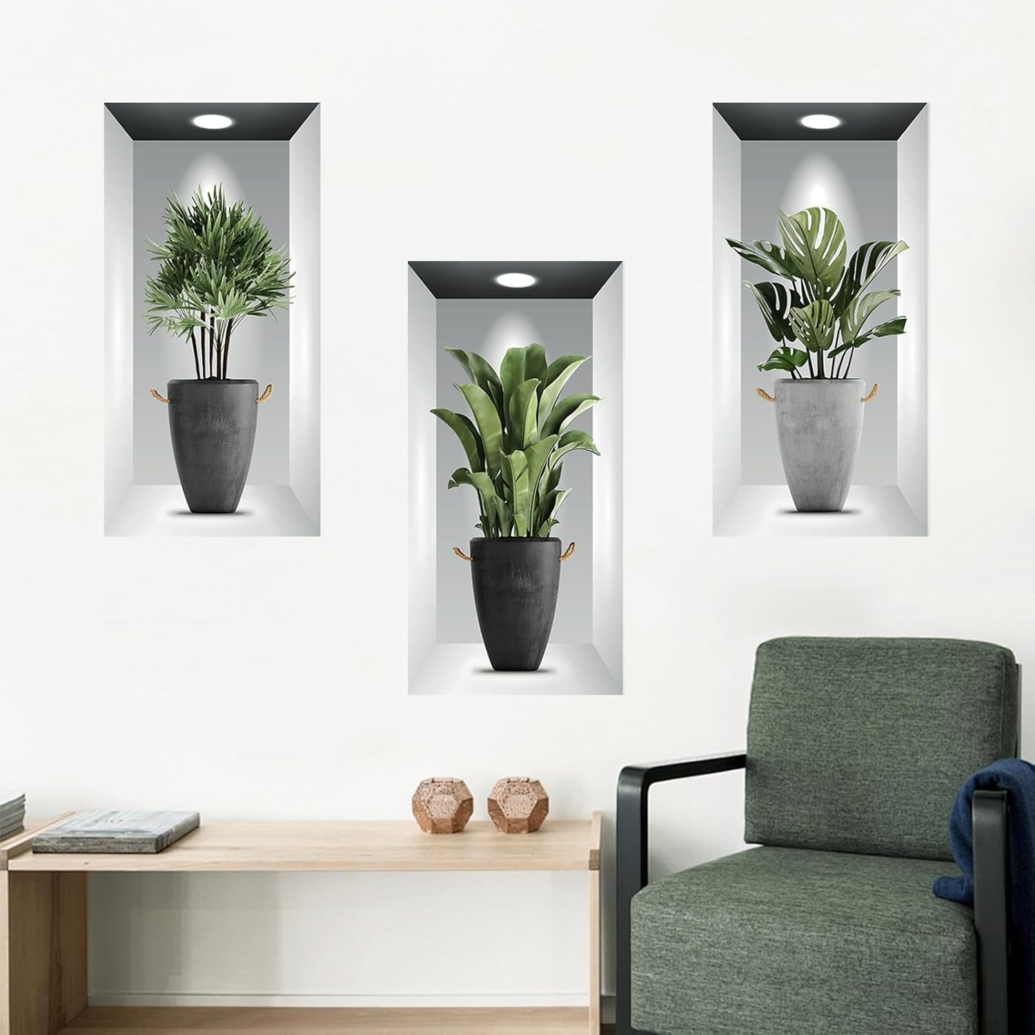 Tanlaby 3 Pack Green Plants Wall Stickers 3D Realistic Potted Plant