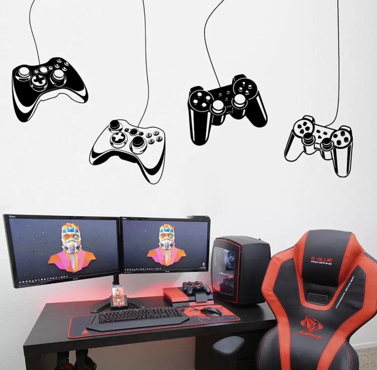 4-Gamepad Print Wall Sticker Black Vinyl Custom Decal Peel &Stick Kids Gift Sale
