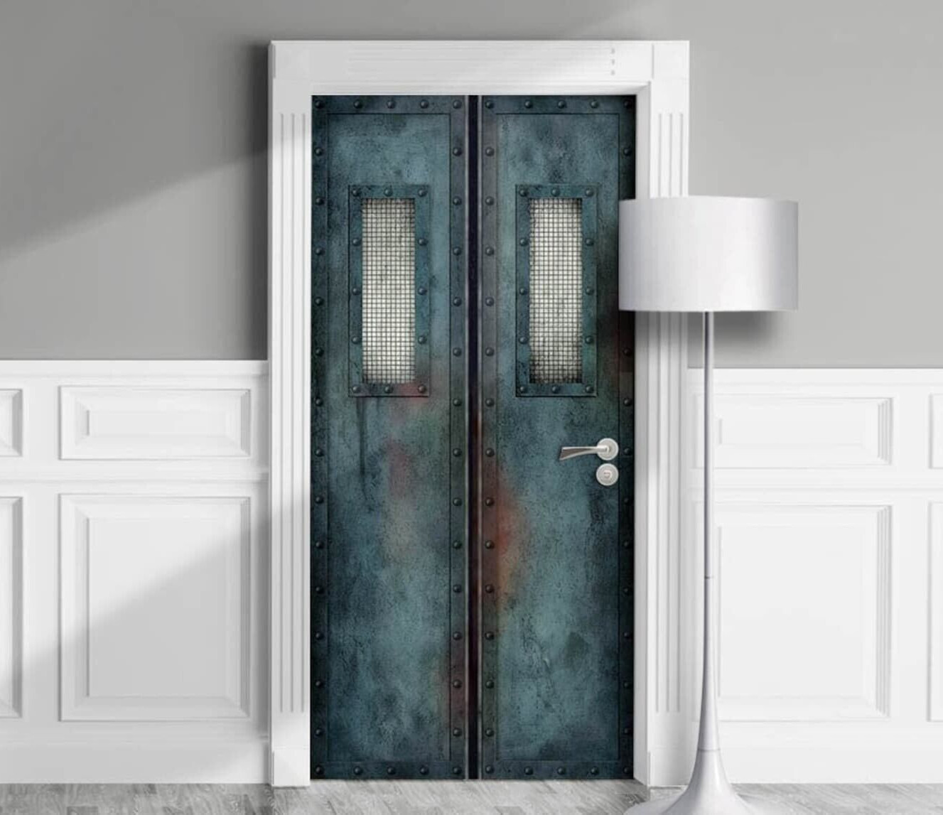 Cyberpunk Elevator interior door wrap. Peel’n’Stick, Cover, Decal. Laminated