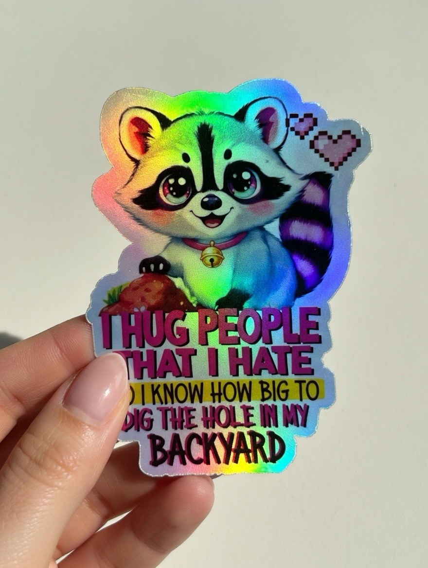 Raccoon Cute, Dark Humor,Sarcastic Funny Waterproof Holographic Vinyl Sticker