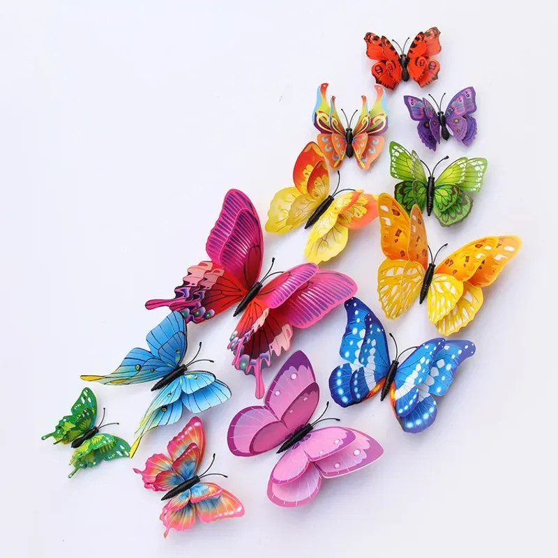 12Pcs Mixed Color Double Layer Butterfly 3D Wall Sticker For Wedding Decoration