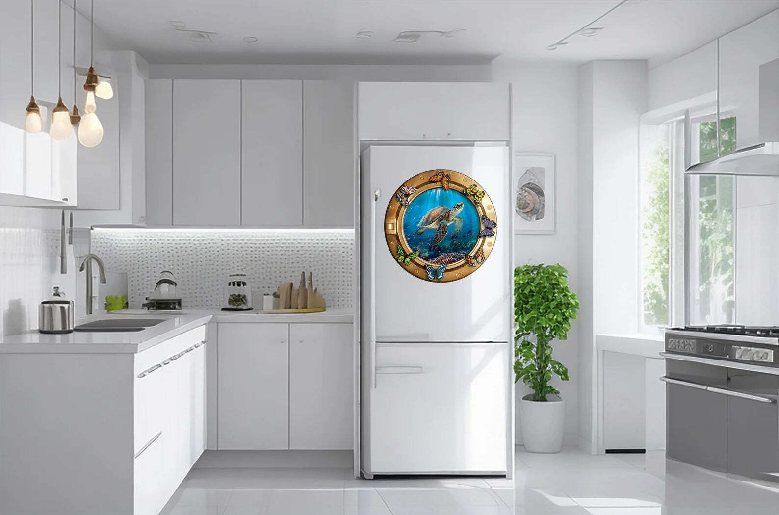Fridge Wrap Underwater Turtle, Sea Life Refrigerator Sticker Decal. Glossy Round