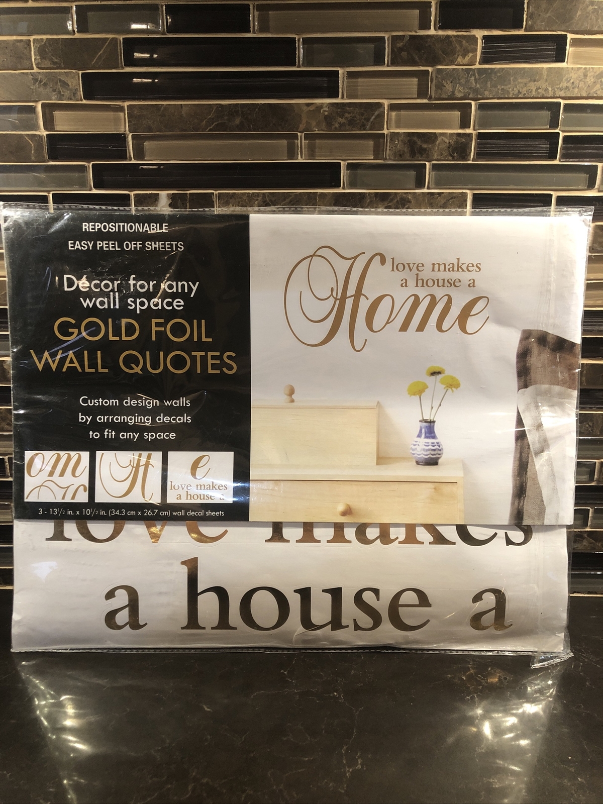 Repositionable Foil Peel & Stick Wall Decal Gold Love “Makes A House A Home”