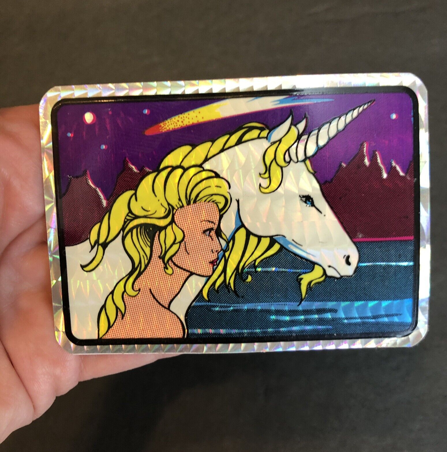 Vintage 1980s Unicorn Woman SPACE Comet Vending Machine Prism Sticker Dirty Back