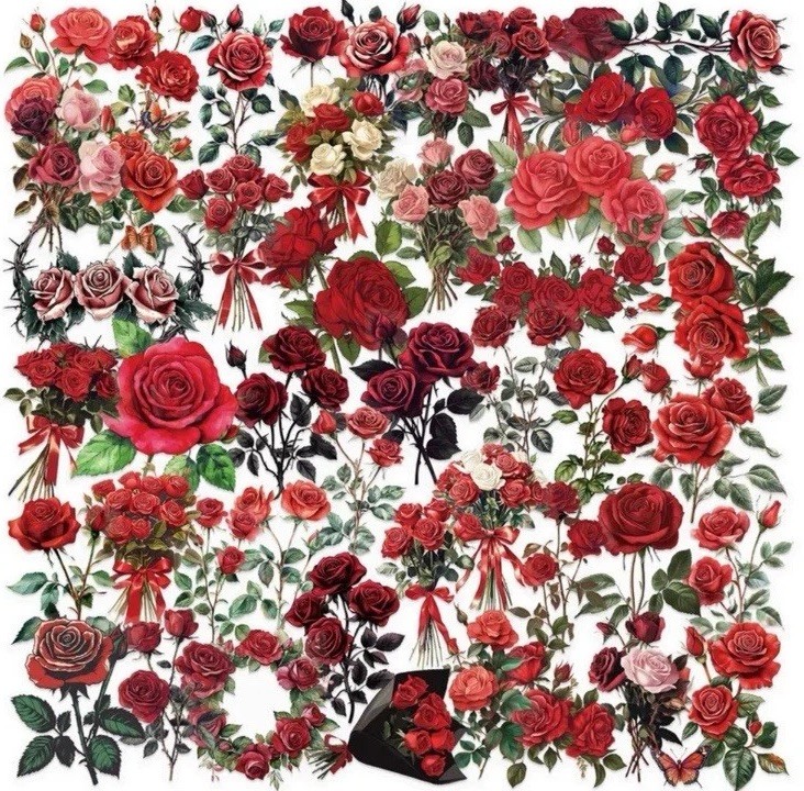 Rose Stickers 50 Flower Transparent Junk Journal Scrapbook Decals Retro New