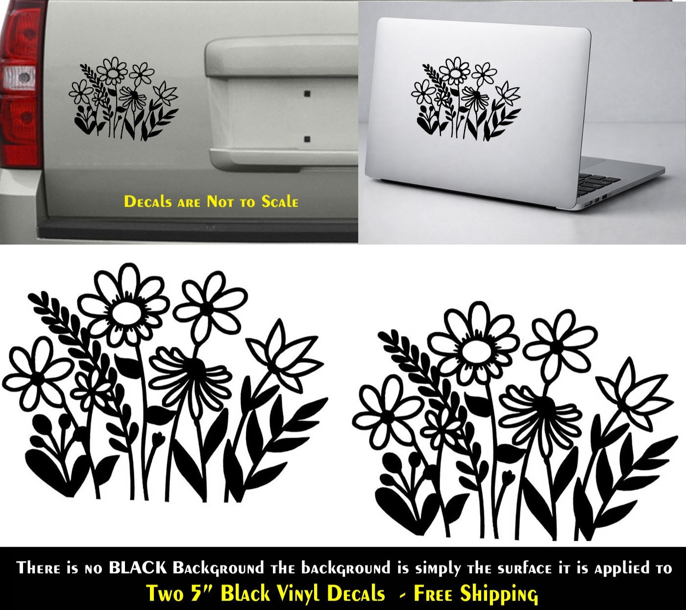 Wildflowers Two 5″ Black Decals Windows Car Vehicle Glass Door Any Flat Surface