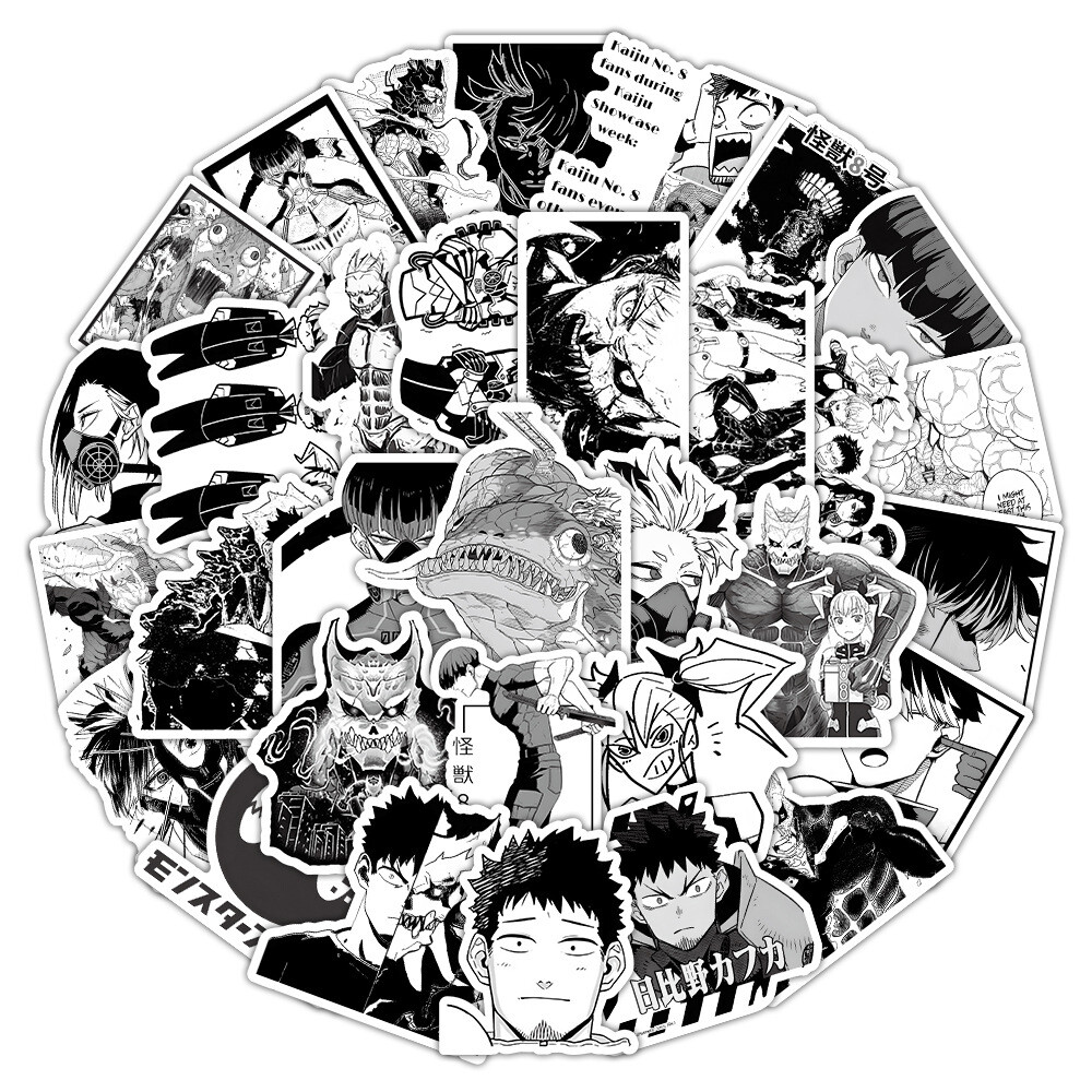 100Pcs Black and White Kaiju No. 8 Anime Sticker for Teens Girls Water Bottles