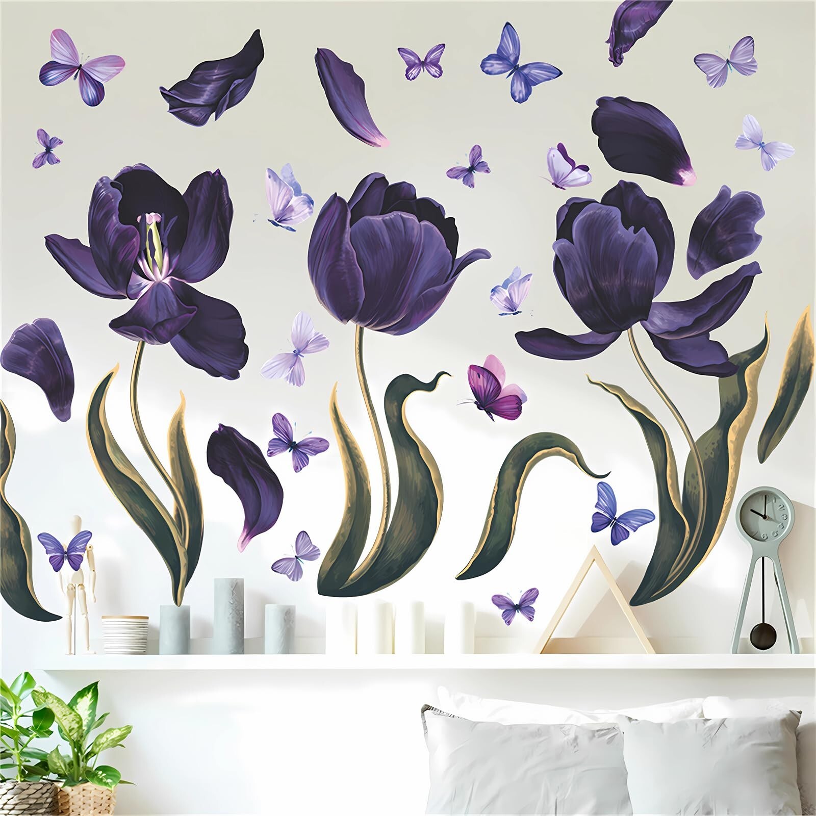 Purple Tulip Butterfly Flower Wall Stickers, sacinora Rose Peony Floral Art P…