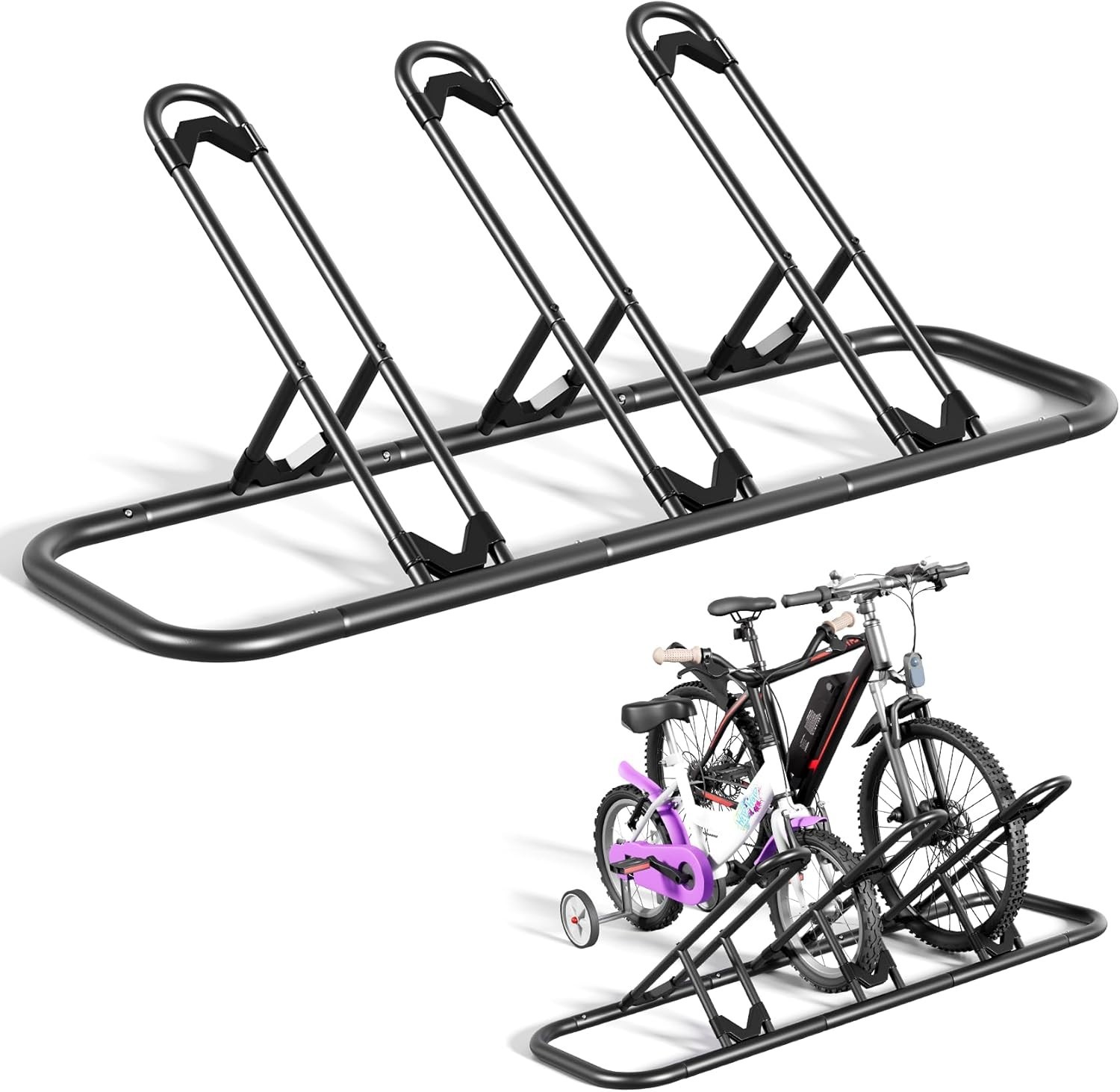 3-Bike Floor Rack for Garage & Outdoor – Ideal for Mountain, Road & Kids Bikes