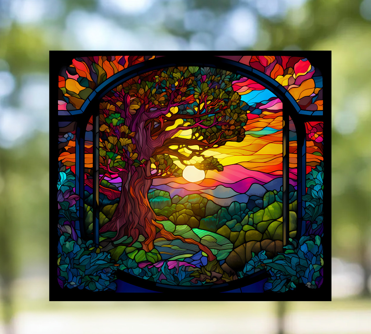 Tree at Sunset Faux Stained-Glass WINDOW CLING Size 9″ Repositionable Vinyl
