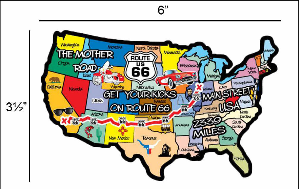 Get Your Kicks on Route 66 USA Map – Postcard Sized Vinyl Sticker 6″ x 3.5″