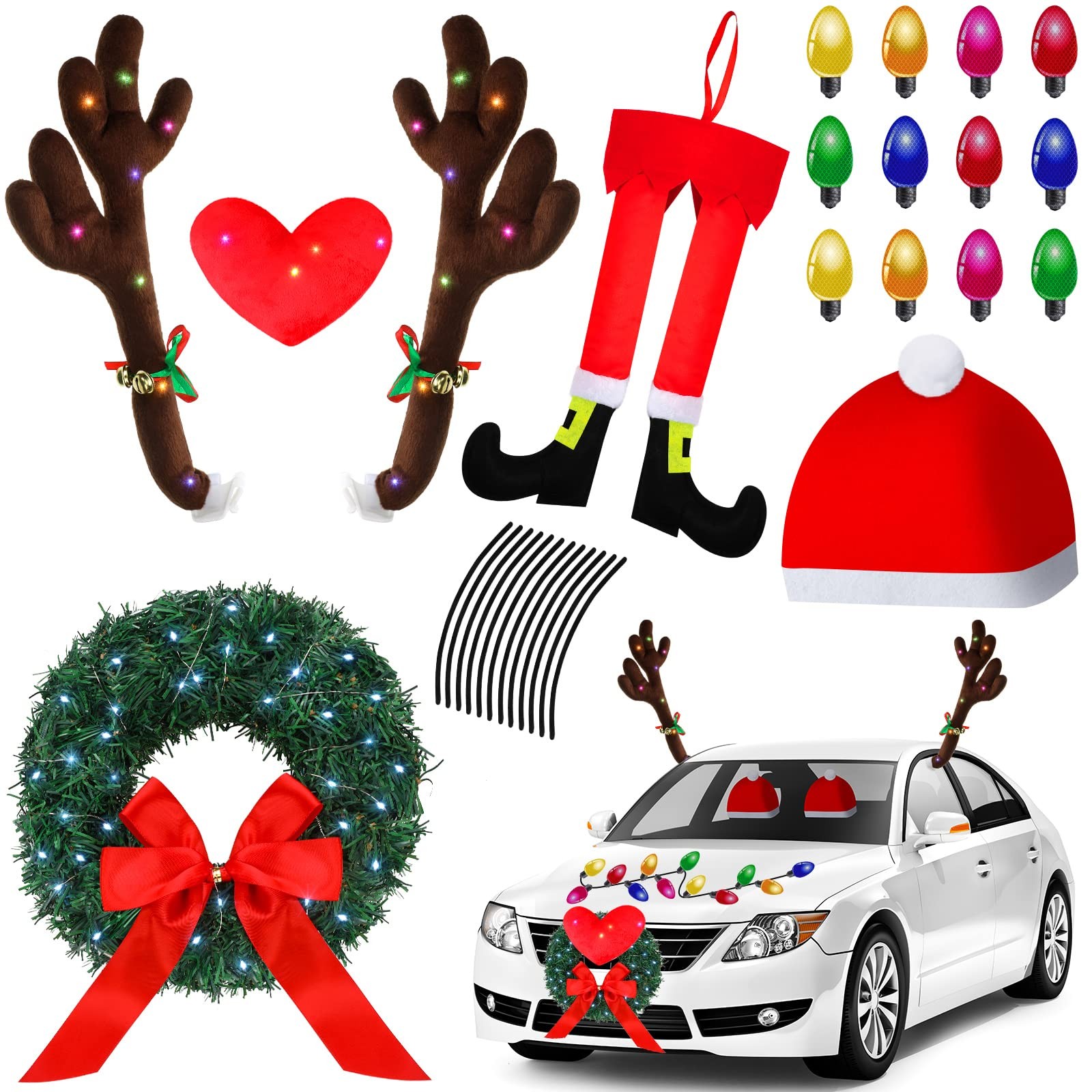 32 Pcs Christmas Car Reindeer Antler Kit with LED Car Wreath Car Christmas Ca…