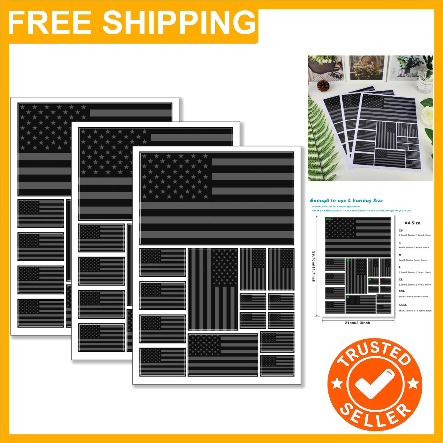 Black American Flag Sticker Decal in Multiple Sizes, 3 Pack, 11.7 x 8.3 Inches