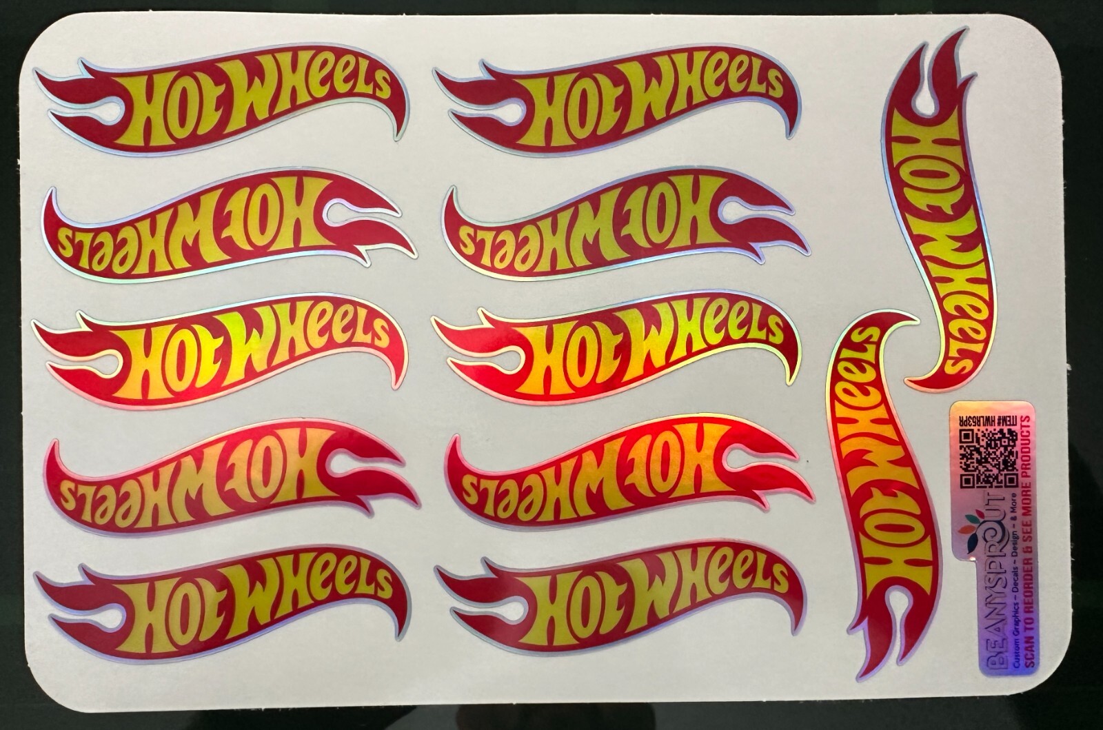 Hot wheels Holographic vinyl logos 3″ long sheet of 12 decal stickers