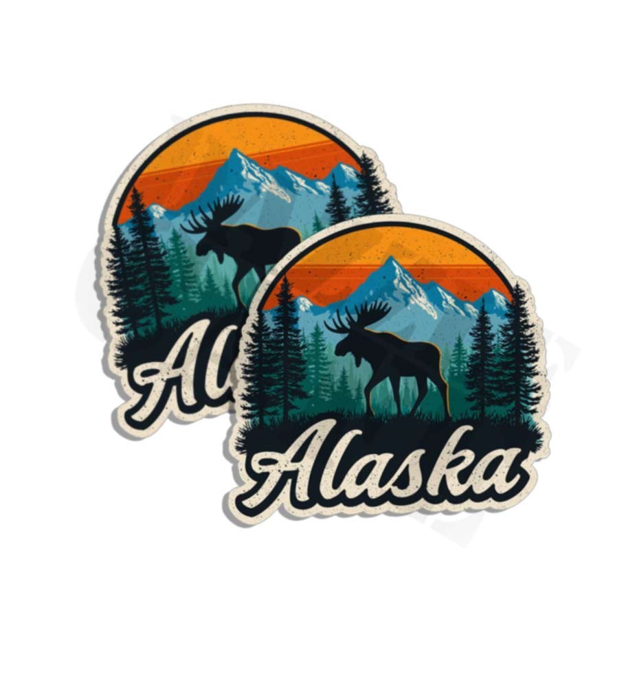 Alaska sticker vinyl decal moose sunset wildlife mountain 2 PACK Made in the USA