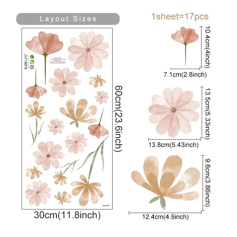 Boho Flowers Wall Stickers – Removable PVC Vinyl 3D Art Decals