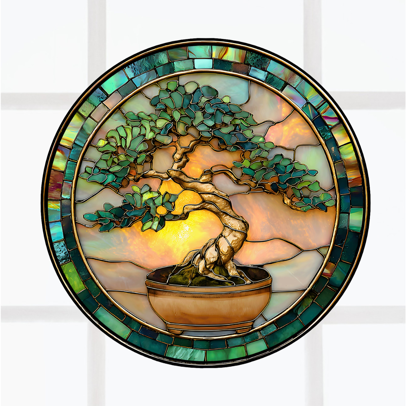 Japanese Bonsai Tree Faux Stained-Glass WINDOW CLING Size 8″ Round Vinyl