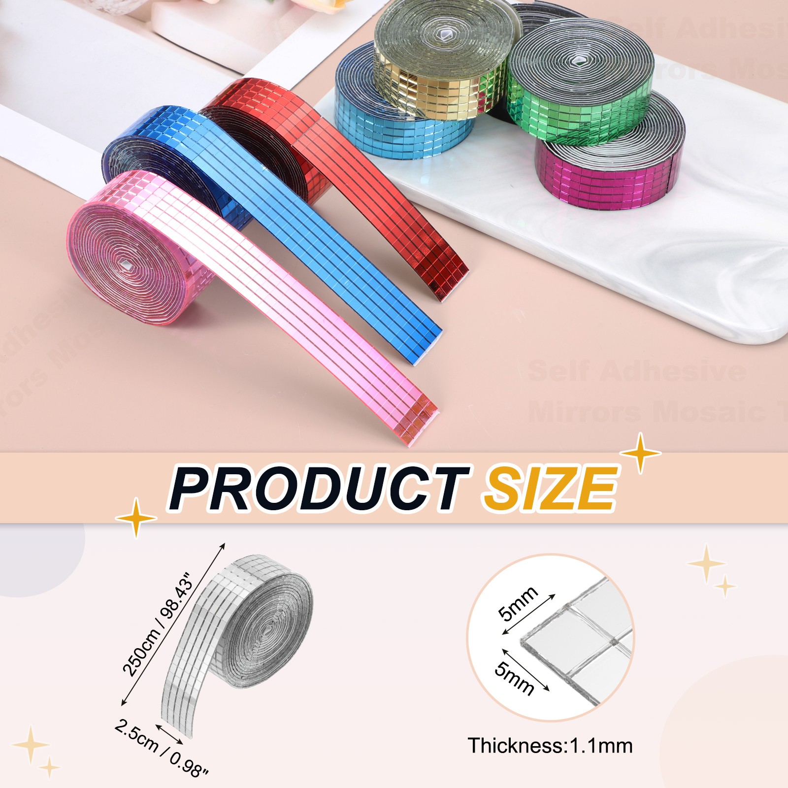 5x5mm Self Adhesive Mirrors Mosaic Tiles, 2500 Pcs Mosaic Sticker, Silver Tone