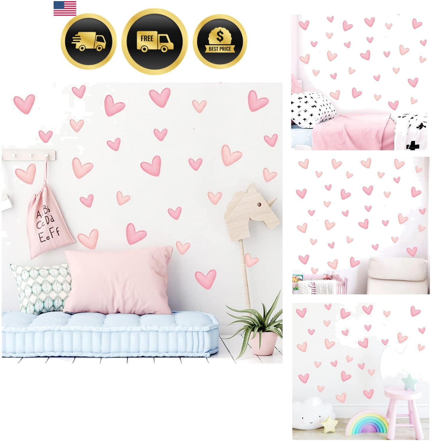 80pcs Pink Heart Shape Wall Stickers for Bedroom Living Room Girls Room Decor…