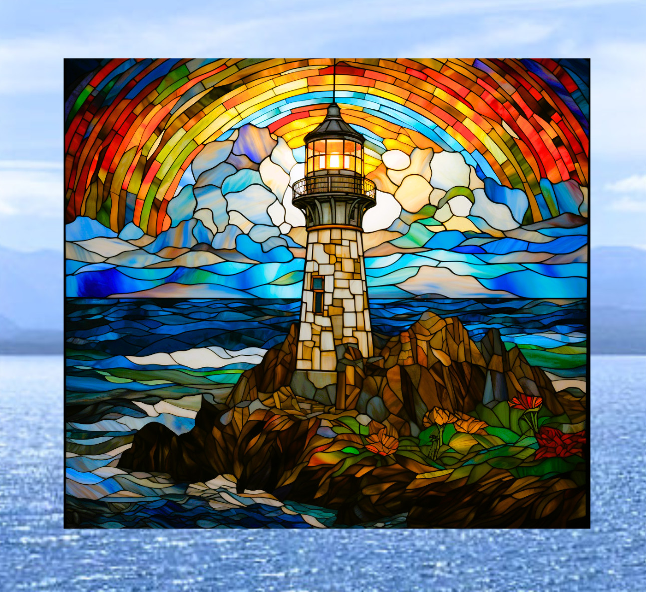 Lighthouse Faux Stained-Glass WINDOW CLING Size 9.1″ Repositionable Vinyl