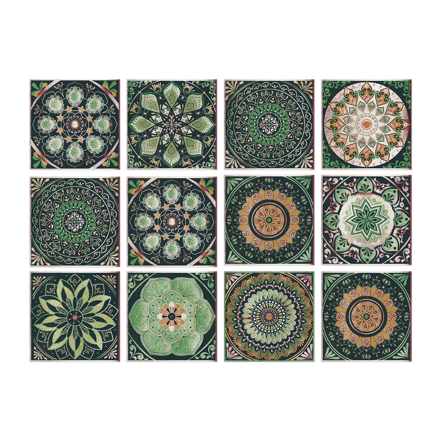 12 PCS Green Mandala Tile Stickers 6×6 inch – Moroccan Style Peel and Stick W…