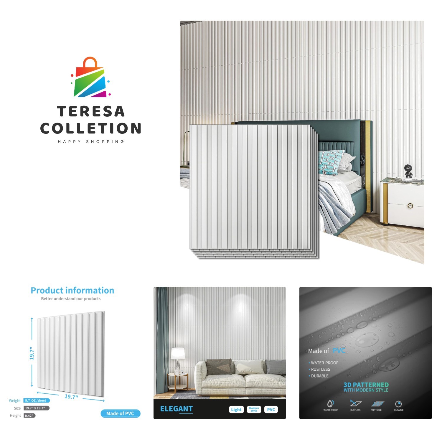 Lightweight 3D Fluted PVC Wall Panels – 12 Tiles, 19.7×19.7in Easy to Install