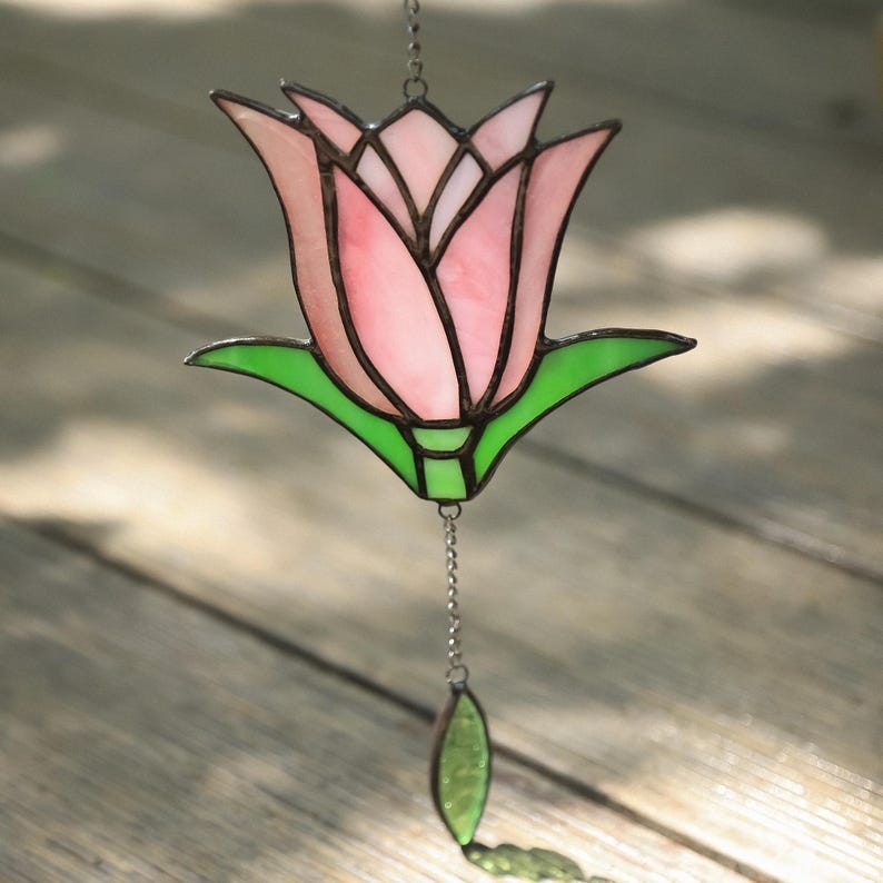 Unmarked Stained Glass Pink & Green Flower Suncatcher, Ready To Hang