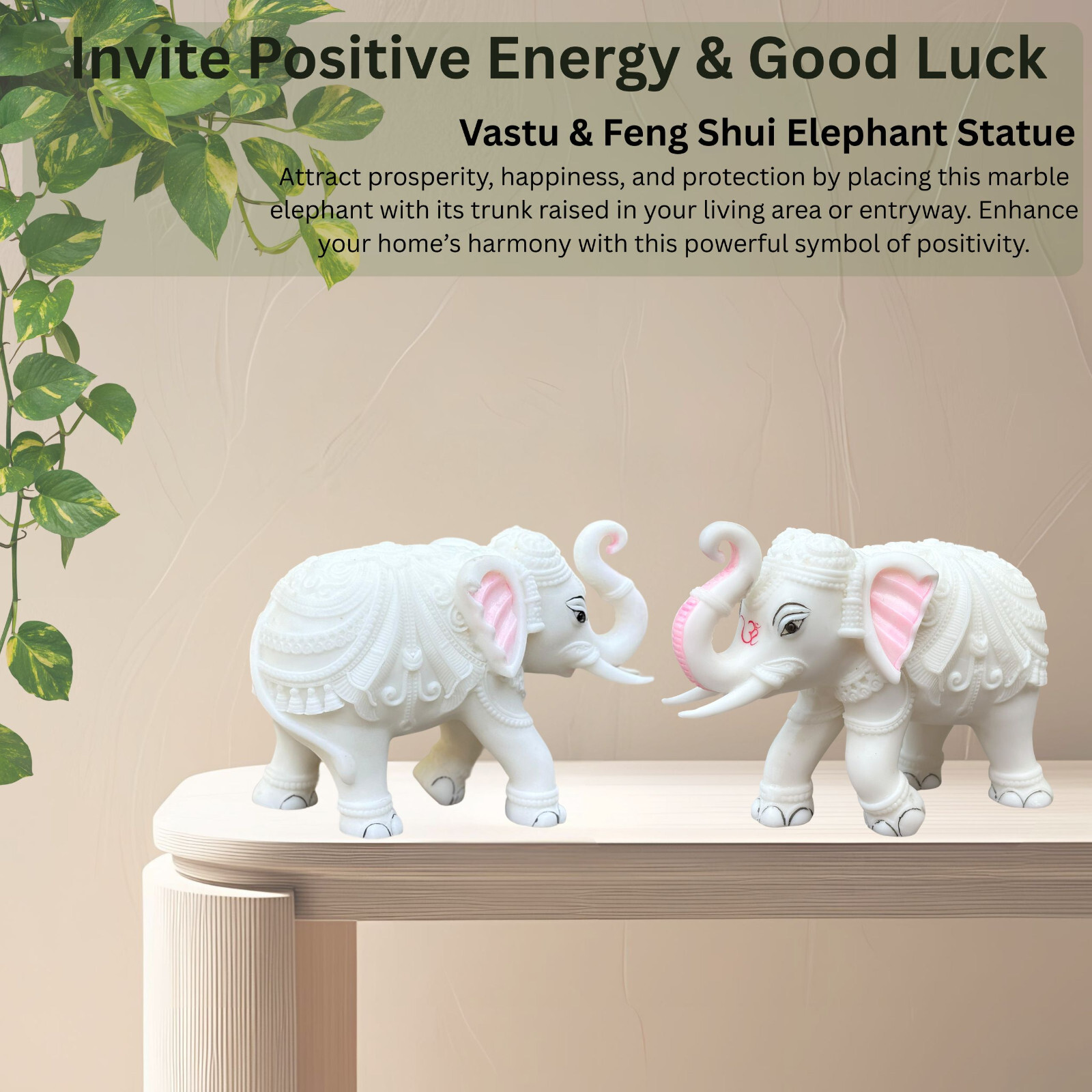 White Marble Elephant Statue Pair 5×6 Inches, Trunk Up Decorative Elephant Idols