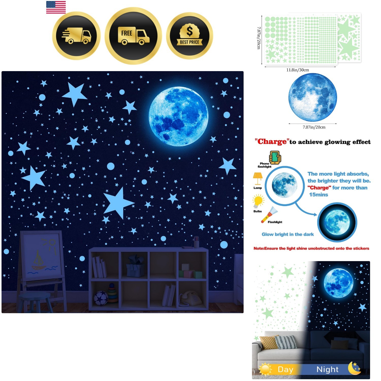 492Pcs Glow in the Dark Stars for Celing Glow Moon and Space Wall Decals | Ga…