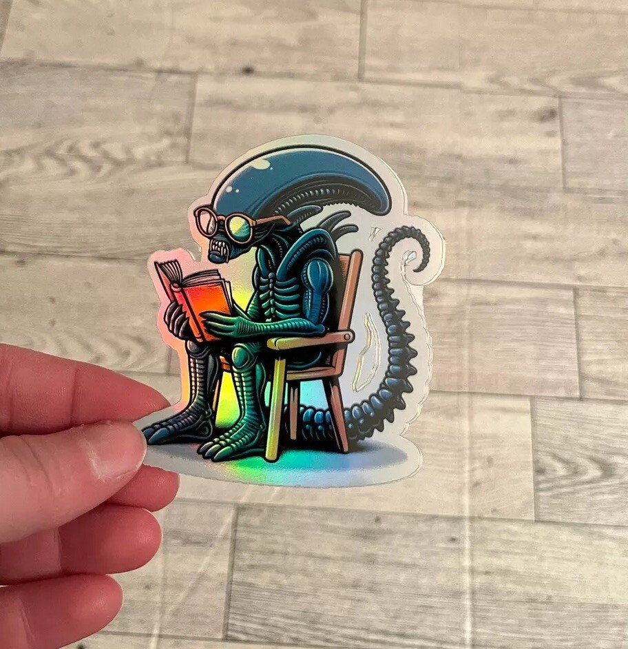 Alien Xenonorph Reading Book 3inch Holographic Waterproof sticker