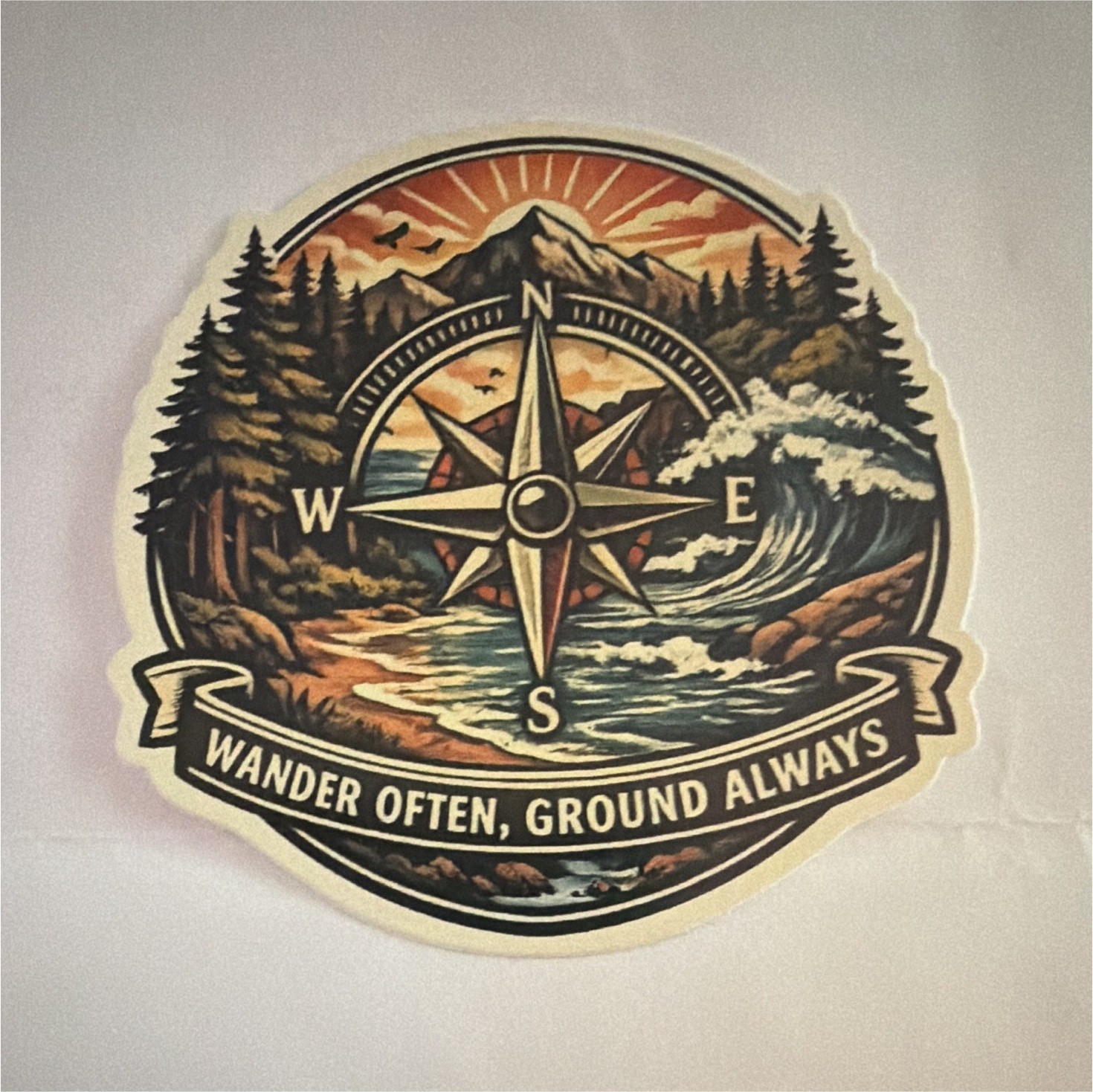 Wander Often, Ground Always Compass Rose Landscape Nature Sticker, Multicolor