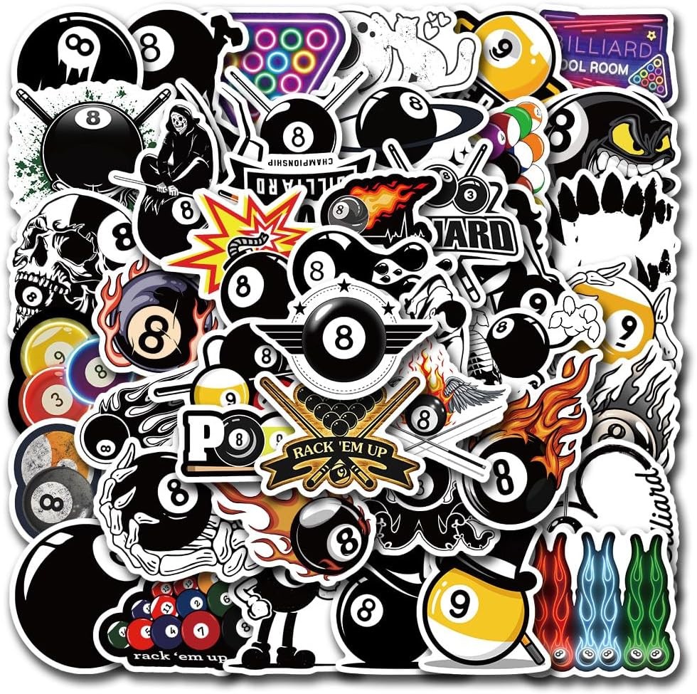 50PCS Billiards Stickers – Premium Vinyl Waterproof Decals, Perfect for Water Bo