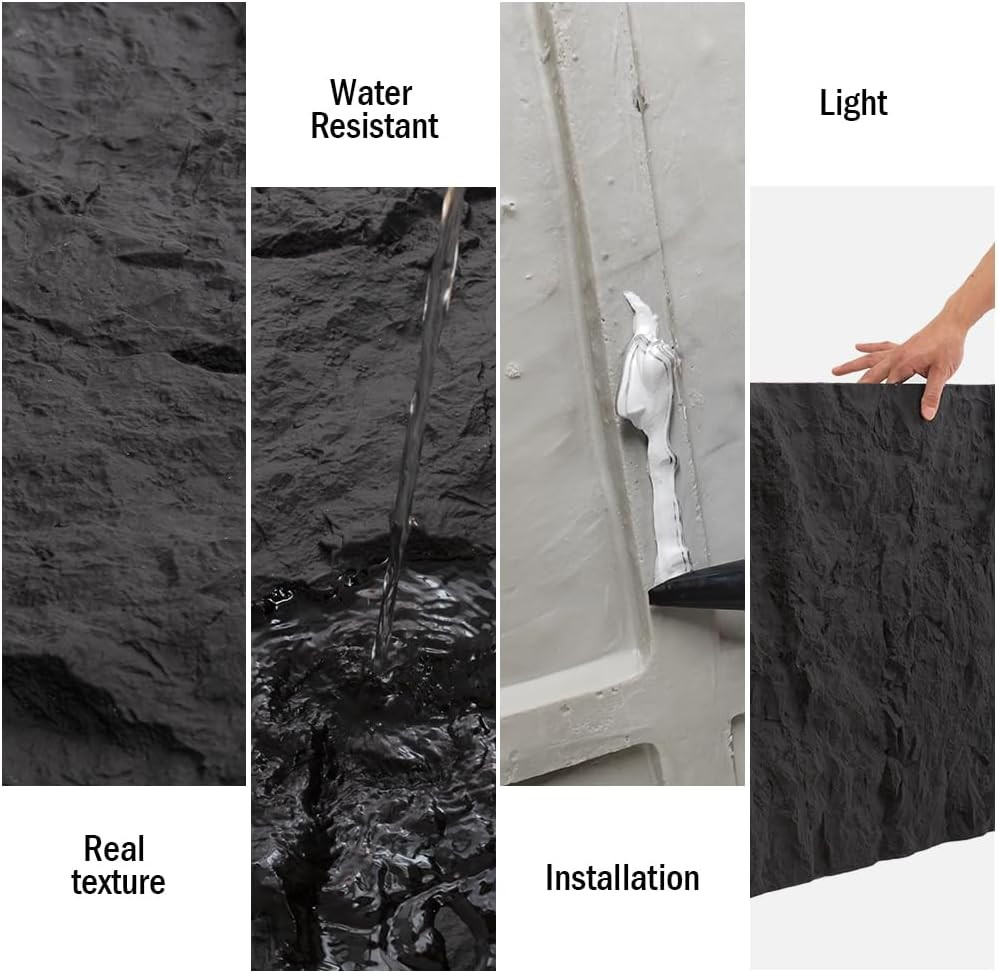 4-Pack 3D Faux Stone Wall Panels – Dark Black Waterproof Decor Tiles