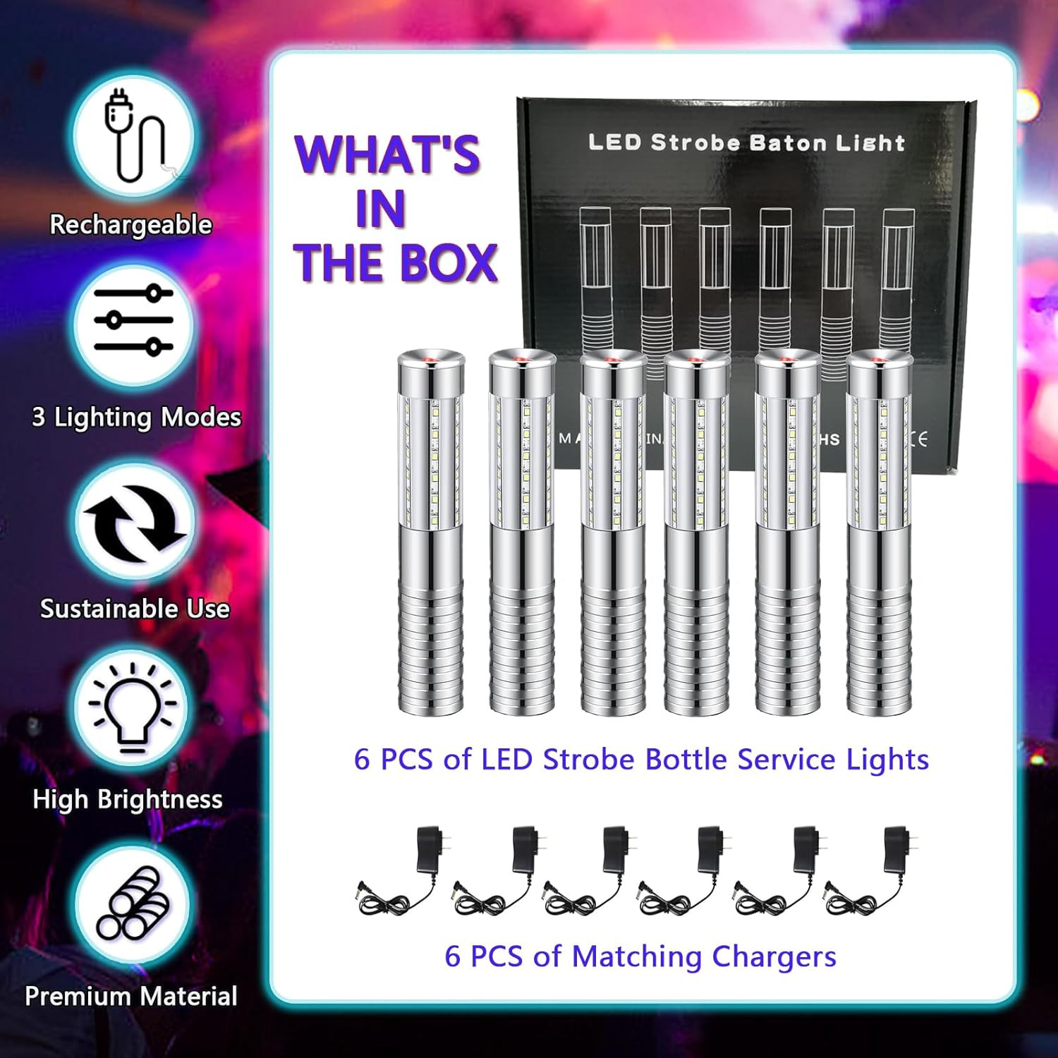 6 PCS LED Strobe Baton Lights Bottle Service Rechargeable Light, Reusable Handhe