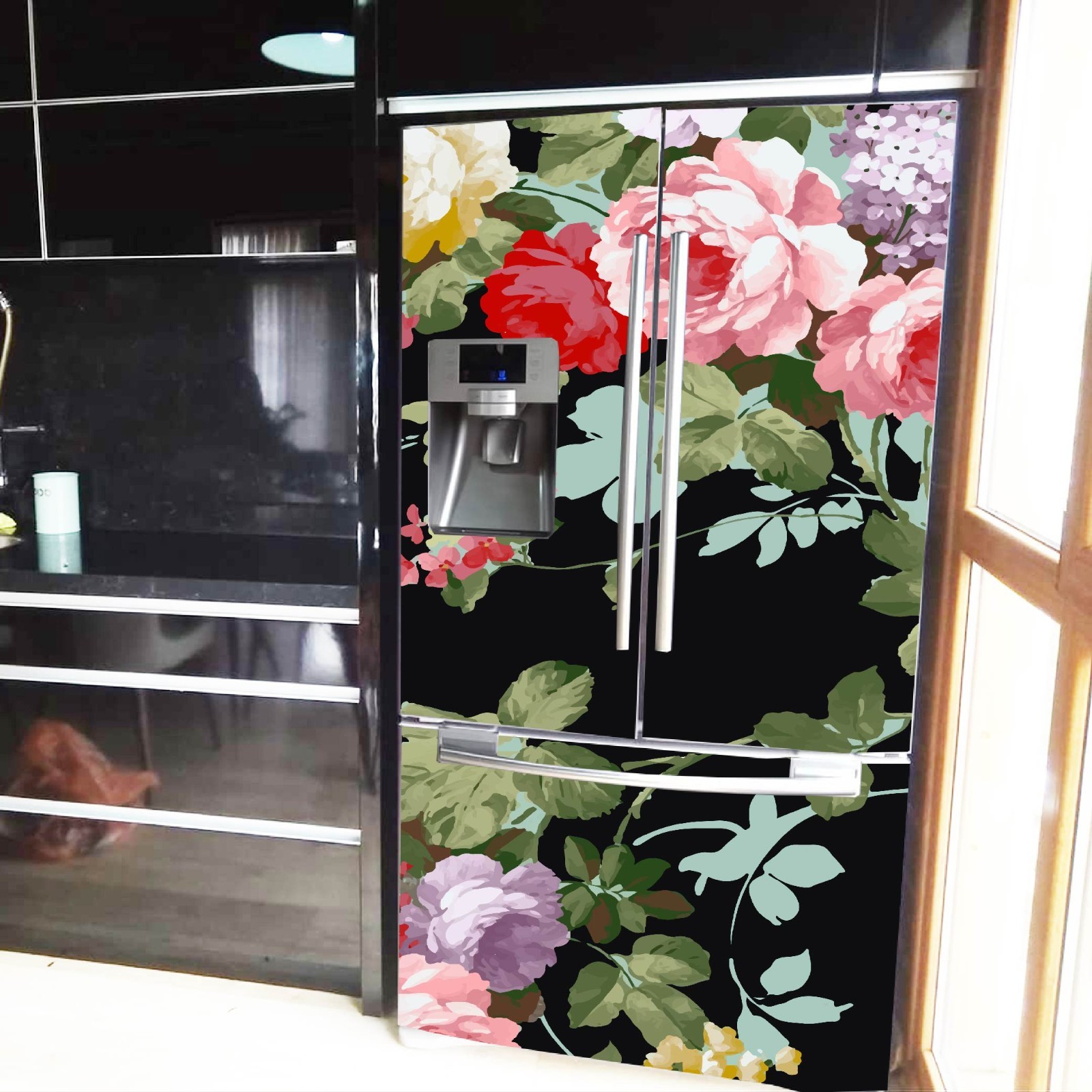 Floral Pattern Fridge Vinyl Wrap Refrigerator Decal Modern Kitchen