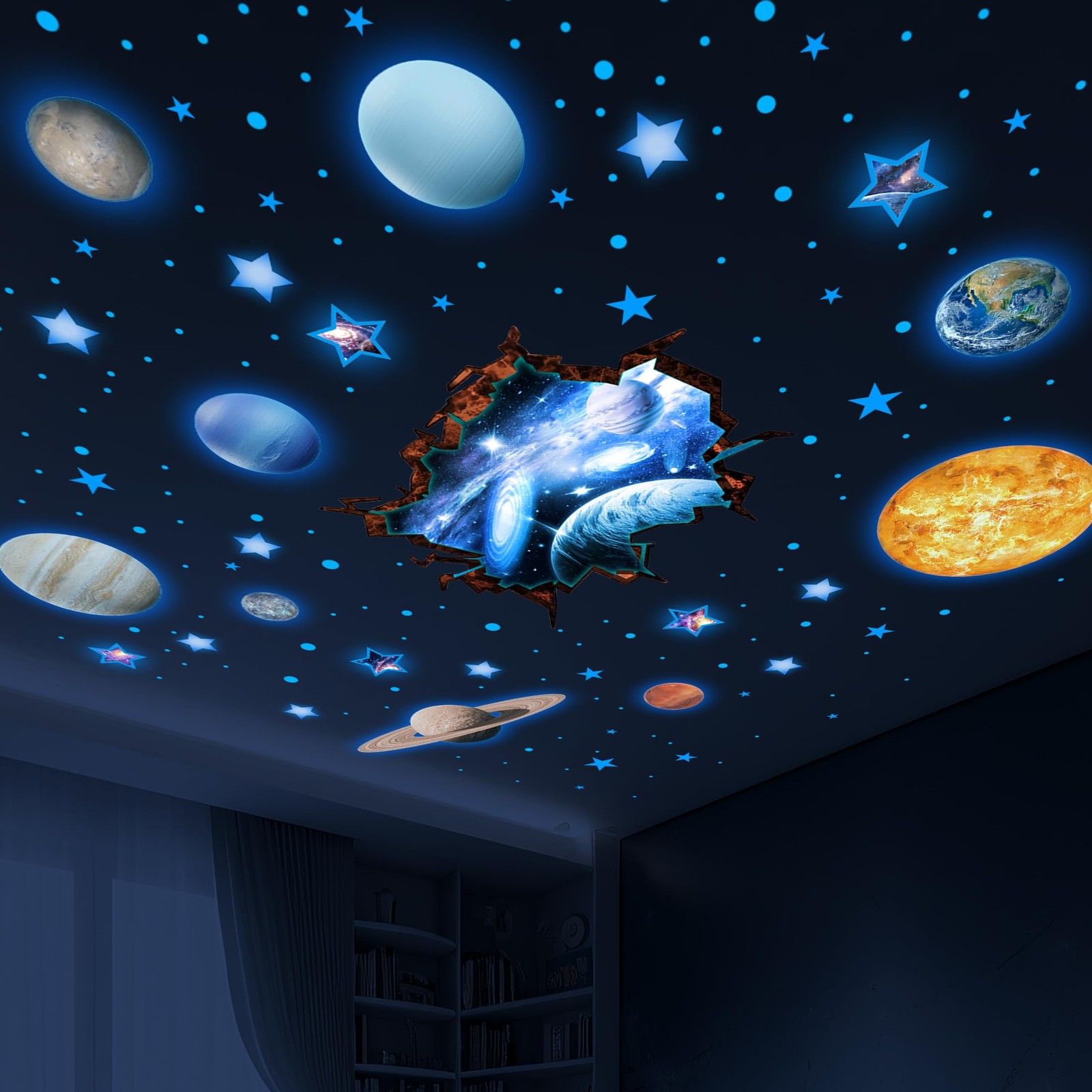 Robmoda Stars and Planets Wall Decals Glow in The Dark, Sun Solar System Stic…