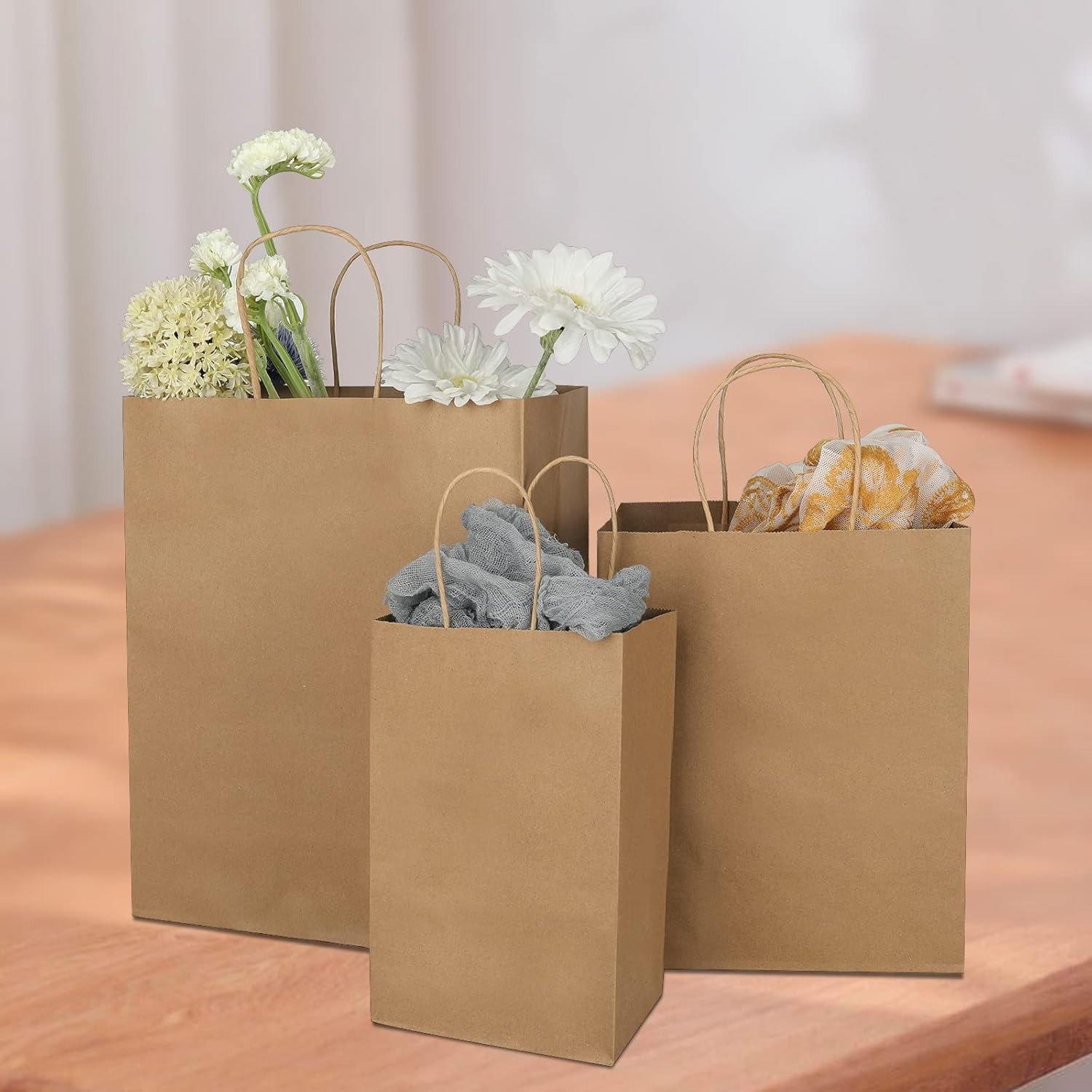 90 Pack Plain Brown Kraft Paper Bags with Handles Bulk, Multiple 3 Assorted S…